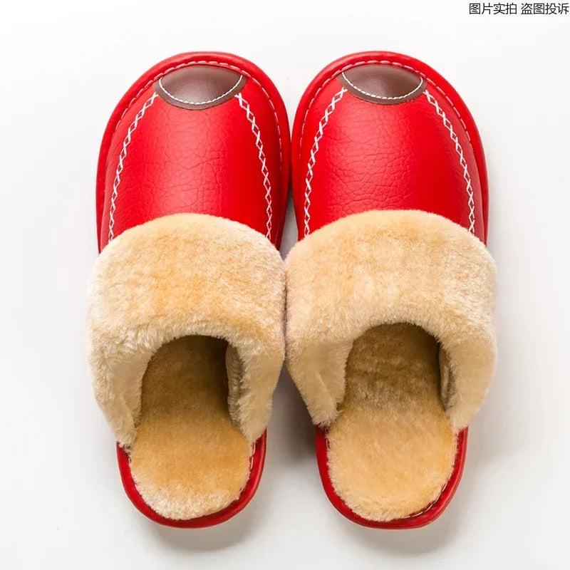 Men Slippers Black New Winter PU Leather Slippers Warm Indoor Slipper Waterproof Home House Shoes Men Warm Leather Slippers