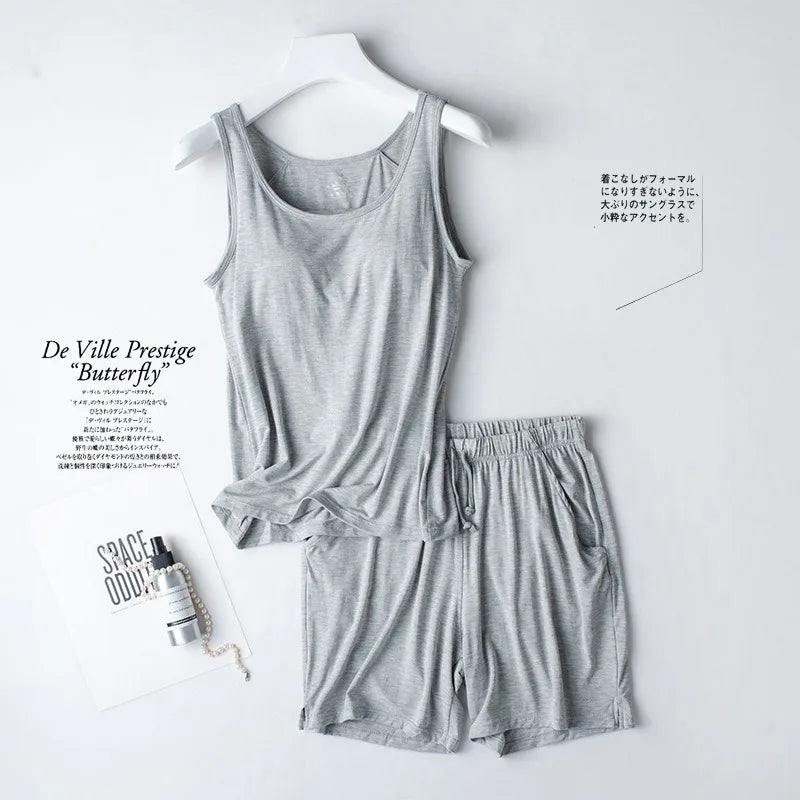 Summer Women's Pajamas Set Modal Cotton Vest Shirt Shorts 2 Pieces Suit Bra Padded Soft Sleepwear Slim Student Nightwear Pijama