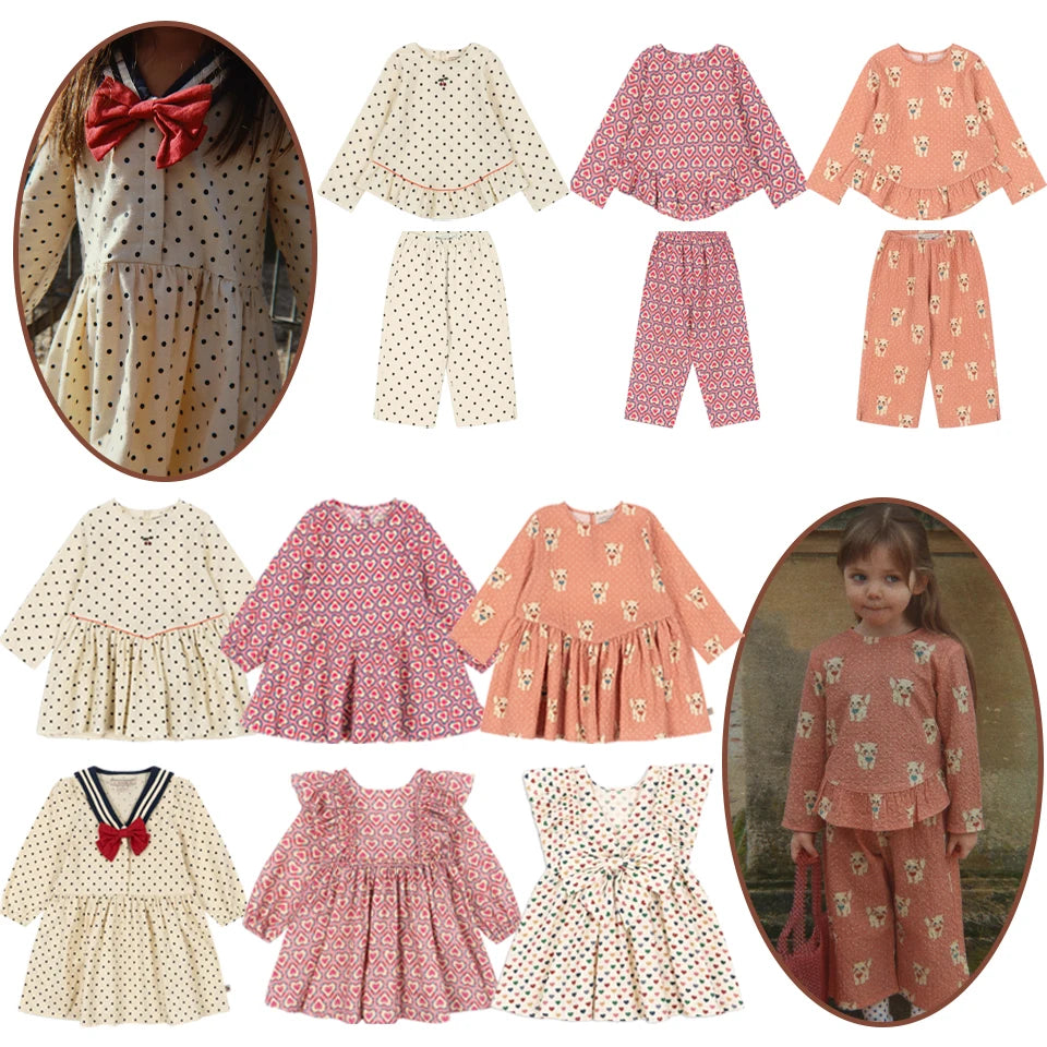 Verão 2026 Meninas KS Vestido Estampado de Bolinhas Roupa de Férias Menina Camisolas de Manga Comprida Calças Estilo Preppy Infantil Vestidos Conjunto de Roupa para Crianças