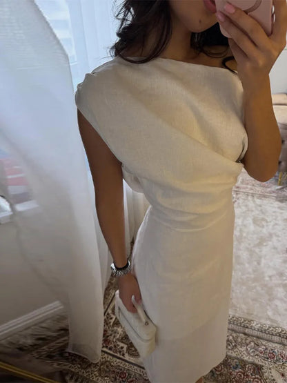 Vestidos Maxi de Linho com Ombros Descobertos, Vestido Feminino Slim, Cintado na Cintura, com Saia Justa até ao Tornozelo, Novo para o Verão de 2026, Roupa Exterior Sólida para Mulher