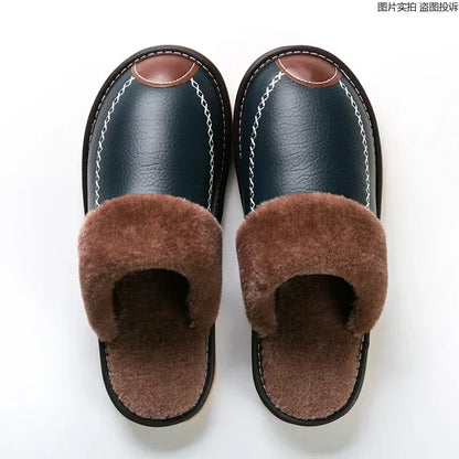 Men Slippers Black New Winter PU Leather Slippers Warm Indoor Slipper Waterproof Home House Shoes Men Warm Leather Slippers
