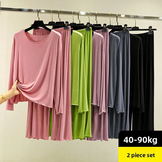 Modal Thin Long Sleeved T-Shirt Set for Women in Spring and Autumn Pajamas Plus Loose Base Shirt Solid Color Sleepwear Homewear