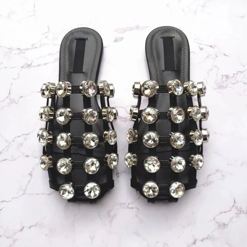 Amelia Caged Sandals Studd Slipper Runway Leather Sandalias Mujer Zapatos Mules Cut Outs Beading Crystal Flat Slide Shoes Women