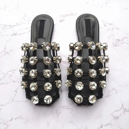 Amelia Caged Sandals Studd Slipper Runway Leather Sandalias Mujer Zapatos Mules Cut Outs Beading Crystal Flat Slide Shoes Women