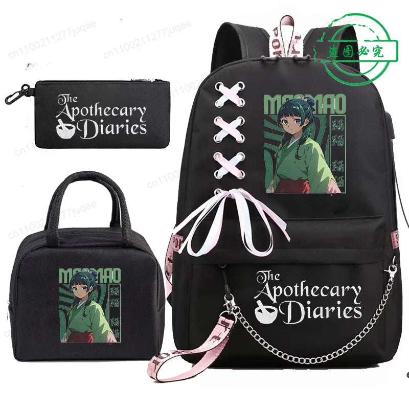 Mochila Escolar Mochila de Estudante Adolescente Bolsa Escolar Os Diários da Boticária Maomao Anime com Lancheiras Portáteis 3 Peças
