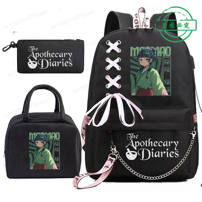 Mochila Escolar Mochila de Estudante Adolescente Bolsa Escolar Os Diários da Boticária Maomao Anime com Lancheiras Portáteis 3 Peças