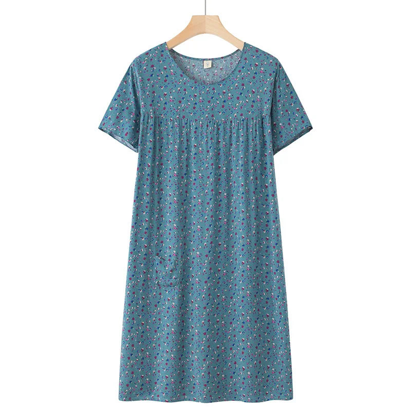 Middle-Aged and Elderly Short Sleeve Nightdresses Women Pajamas Summer Thin Loose Dresses Printed Ladies Sleepwear Homewear