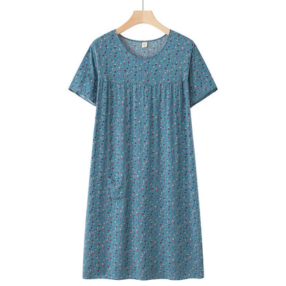 Middle-Aged and Elderly Short Sleeve Nightdresses Women Pajamas Summer Thin Loose Dresses Printed Ladies Sleepwear Homewear