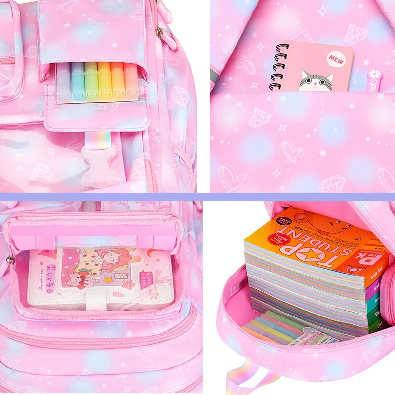 Mochilas Escolares para Meninas Criança Mochila de Ombro Cor Doce Bonito com Grande Capacidade de Abertura Lateral
