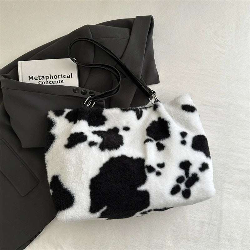 Large Capacity Shopper Bags For Women Winter Travel Tote Bag Cow Printing Plush Shoulder Bag Ladies Handbag Designer Bolsos
