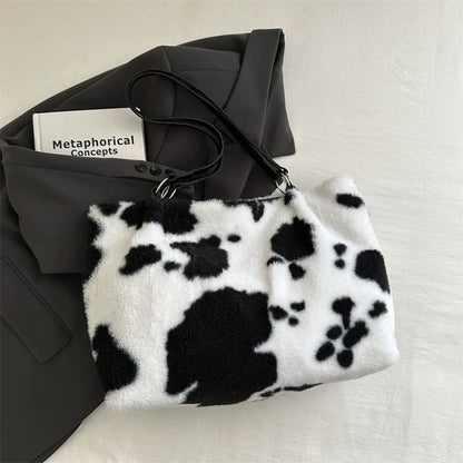 Large Capacity Shopper Bags For Women Winter Travel Tote Bag Cow Printing Plush Shoulder Bag Ladies Handbag Designer Bolsos
