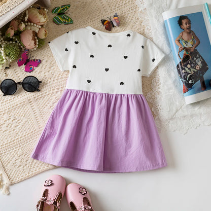 Vestido de Bebé Menina de Verão Amor e Padrão de Bolinhas Gola de Boneca Vestidos de Bebé Fofos Casuais de Princesa para Menina