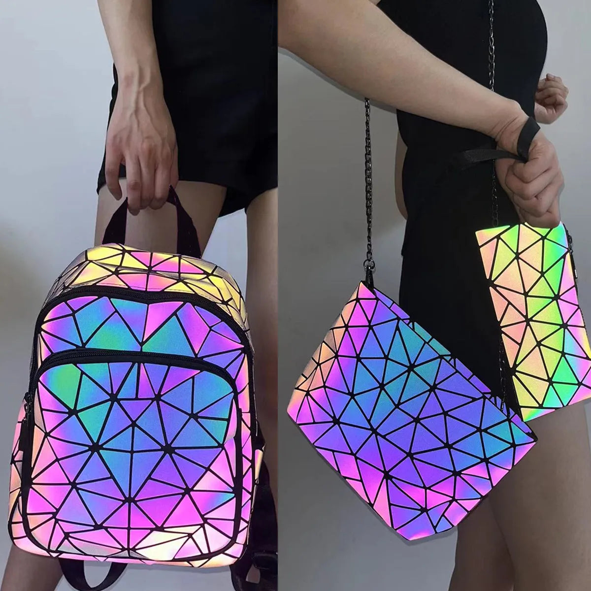 Mochila luminosa feminina em PVC holográfico, geométrica, para meninas adolescentes, mochila escolar, mochila feminina, para viagem, de ombro