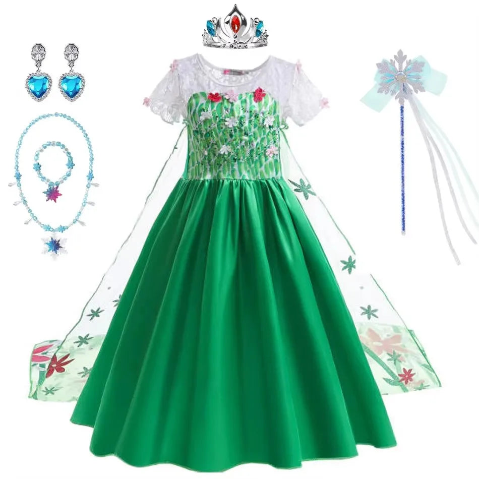 Traje da Elsa para Meninas Vestido Verde de Festa de Aniversário Fantasia Crianças Cosplay Vestido de Princesa para Festa de Carnaval Vestidos Infantis