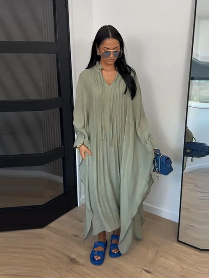 Vestido Maxi Vestidos de Mulher Manga Morcego Bege Folho Decote com Laço Plissado Oversized Roupa de Mulher Roupa Casual Roupa de Verão
