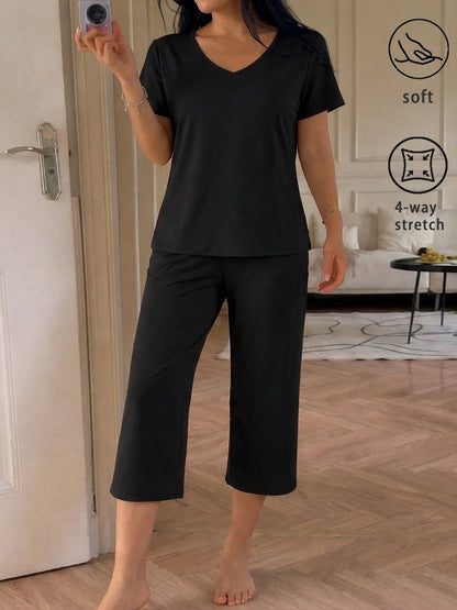 Womens Super Soft Pajama Sets Short Sleeve Top With Capri Pants Sleepwear 2 Piece Lounge Set
