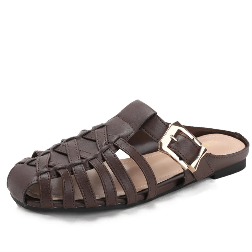 sandalias de mujer Summer mules Flats Sandals New Handmade Woven Breathable Flat Slippers Casual   Leather Women's Slip-on Shoes