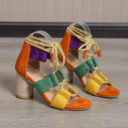 2022 New Trend Summer Chunky Shoes Fashion Women High Heels Sandals Designer Weave Ankle Lace Slides Sexy Open Toe Female Pumps