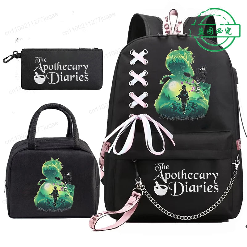 Mochila Escolar Mochila de Estudante Adolescente Bolsa Escolar Os Diários da Boticária Maomao Anime com Lancheiras Portáteis 3 Peças