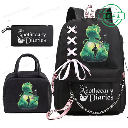 Mochila Escolar Mochila de Estudante Adolescente Bolsa Escolar Os Diários da Boticária Maomao Anime com Lancheiras Portáteis 3 Peças