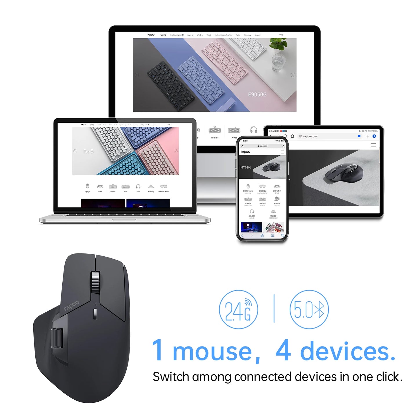 Rato Sem Fios Recarregável Multi-modo Ergonómico Rapoo MT760L/MT760M 4000 DPI Suporta Até 4 Dispositivos Rato Bluetooth