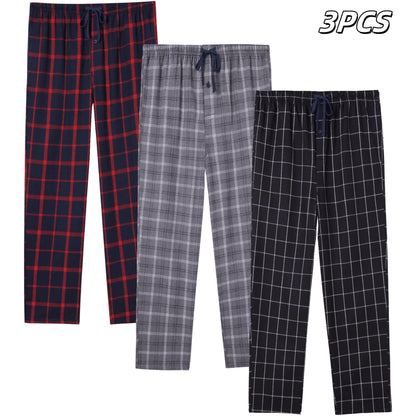 3pcs Men's Pajama Bottoms Autumn/Winter Flannel Plaid Loose Trousers Warm Homewear Pants Male Soft with Pockets Sleepwear