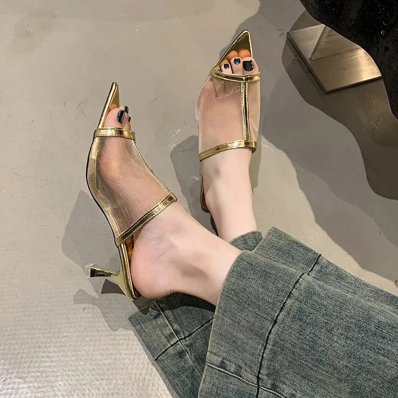 2025Transparent Silk Gauze Mule Slides Woman Bling Lace Mesh Pointed Toe High Heel Slipper   Evening Party Pump Shoes