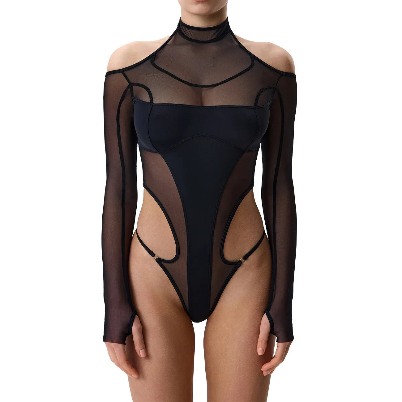 Women Lingerie Chemise Bodysuits Mesh Sheer Cold-Shoulder Teddy Babydoll Nightgown Sleepwear Nightie with Stockings