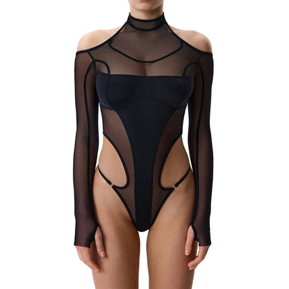 Women Lingerie Chemise Bodysuits Mesh Sheer Cold-Shoulder Teddy Babydoll Nightgown Sleepwear Nightie with Stockings