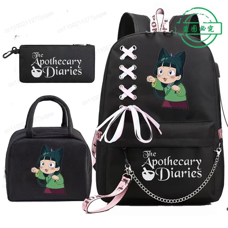 Mochila Escolar Mochila de Estudante Adolescente Bolsa Escolar Os Diários da Boticária Maomao Anime com Lancheiras Portáteis 3 Peças