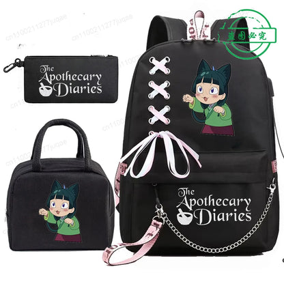 Mochila Escolar Mochila de Estudante Adolescente Bolsa Escolar Os Diários da Boticária Maomao Anime com Lancheiras Portáteis 3 Peças