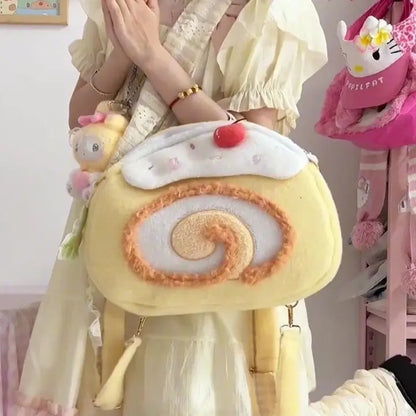 Mochilas Mulher Y2K Roll Cake Mochila Feminina Bolsas de Ombro Kawaii Para Mulher Peluche Macio Grande Capacidade Mochilas Fofas Estéticas