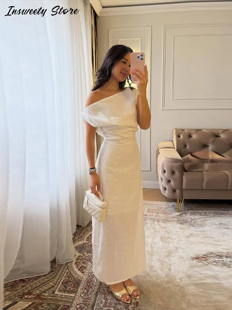 Elegant One Shoulder Solid Dress Women's Waist-cinching Side Split Ankle-length Dresses 2026 Summer New Lady Casual Cozy Robes
