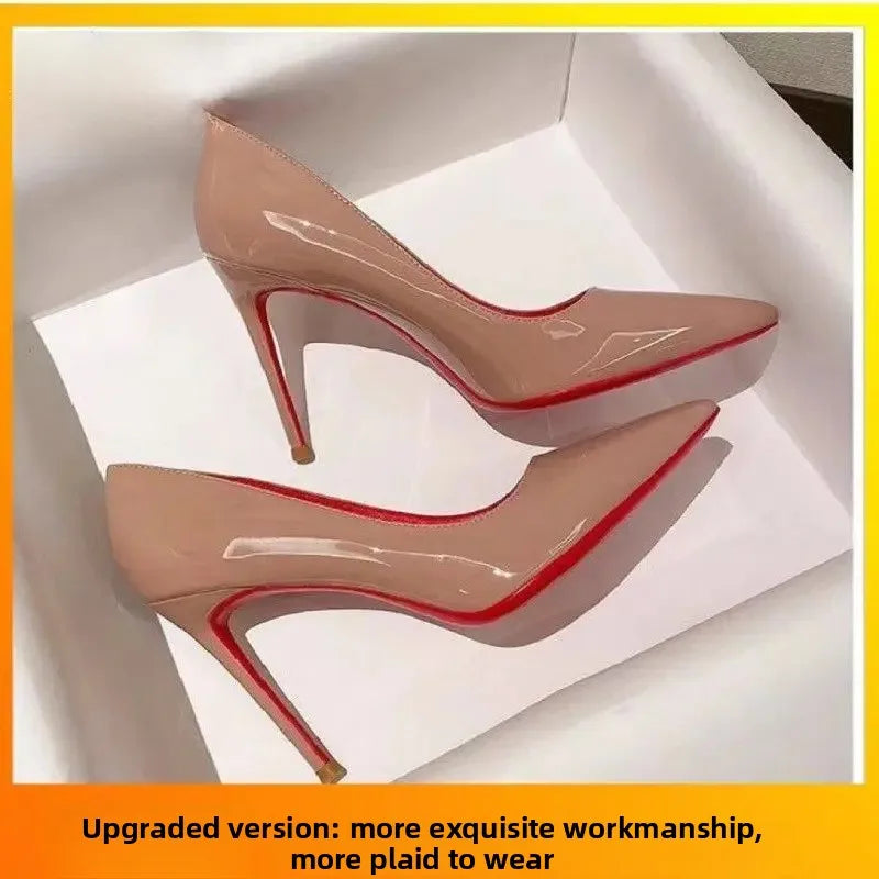 Red Sole High Heels Pointed Toe Sexy Stiletto Night Club Work Shoes Velvet Material Korean Style round Toe Rubber Outsole