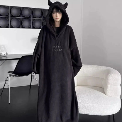 Pijama acolchoado espesso Cor sólida Roupa de casa Vestidos largos com capuz Robe de casal Imp Peça única de dormir Outono e inverno
