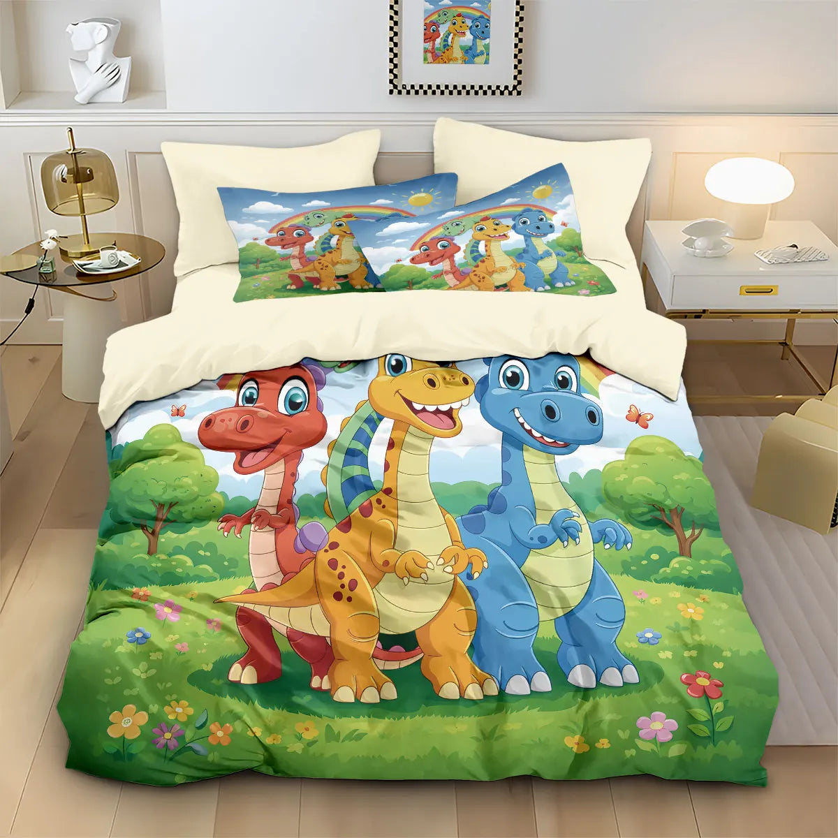 3pcs Cartoon Dinosaur Print Coreless Duvet Set, Multi Size Bedroom Bedding Decoration, Machine Washable