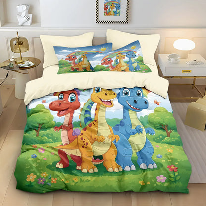 3pcs Cartoon Dinosaur Print Coreless Duvet Set, Multi Size Bedroom Bedding Decoration, Machine Washable
