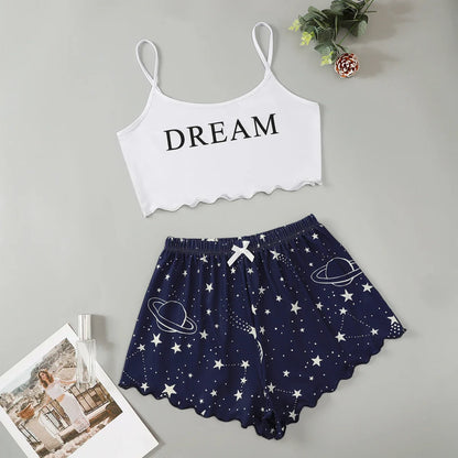 Women's Pajamas Set Sexy Lingerie Starry Sky Print Sling Sleepwear V-Neck Sleeveless Top and Shorts Sets Pyjamas Homewear