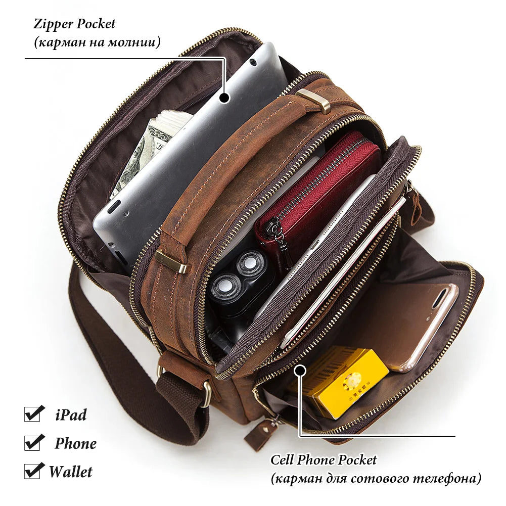 HUMERPAUL Mala de Homem em Couro Genuíno Vintage, Bolsas de Tiracolo, Grande Capacidade, Bolsa de Mensageiro Masculina, Mala de Viagem Bolso Hombres