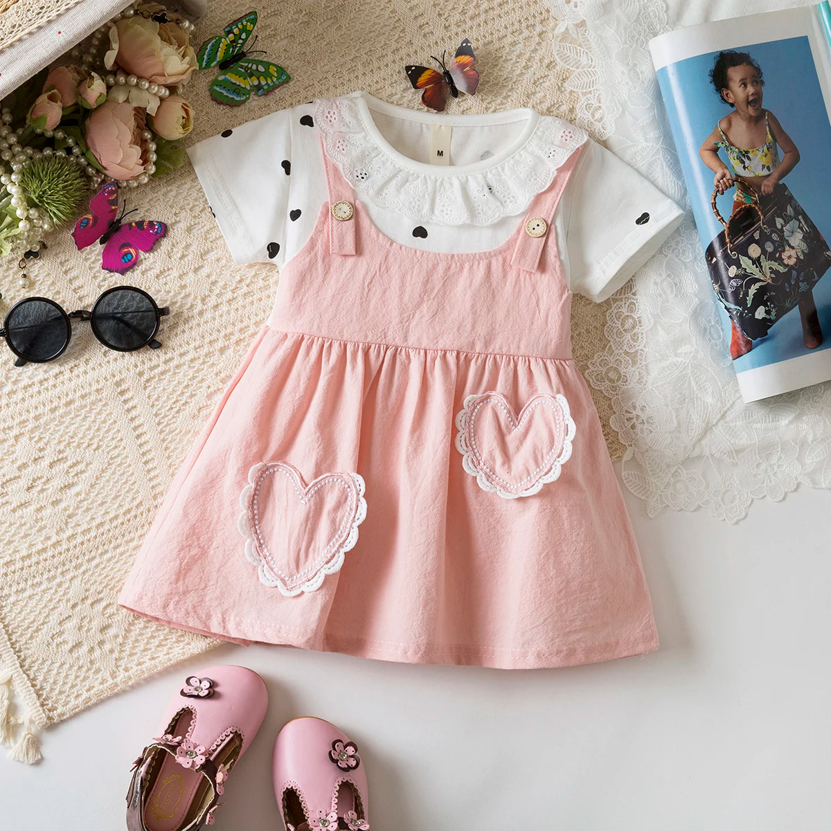 Vestido de Bebé Menina de Verão Amor e Padrão de Bolinhas Gola de Boneca Vestidos de Bebé Fofos Casuais de Princesa para Menina