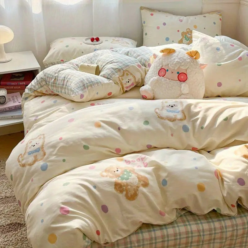 Kids Adult Duvet Cover Set with Bed Flat Sheet Pillowcases Cute Cartoon Single Queen Size Home Hotel Dormity Bedding Set