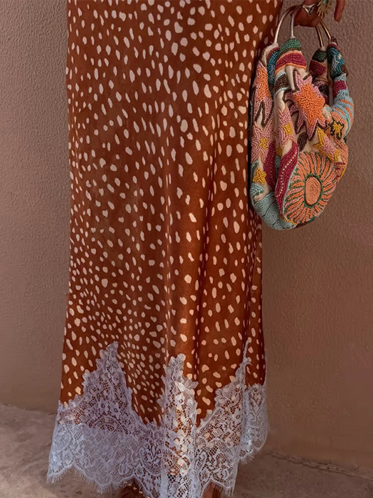 Women Orange Paisley Print Short Sleeve Maxi Dress Fashion V-neck Ruffle Trim Belted Slit Hem Dresses 2026 Lady Vacation Gown