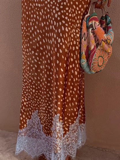 Women Orange Paisley Print Short Sleeve Maxi Dress Fashion V-neck Ruffle Trim Belted Slit Hem Dresses 2026 Lady Vacation Gown