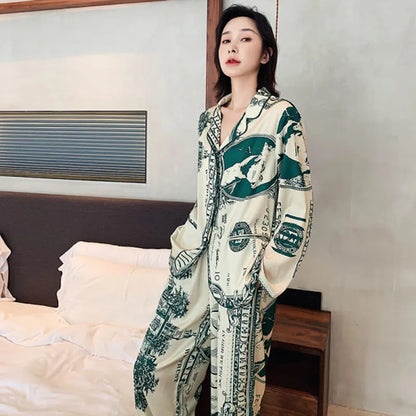 Women Sets Autumn and Winter Cardigan Lapel Home Wear Two-Piece Eu Wind Big Yards Ladies Pajamas Comfortable Sleepwear Nightwear