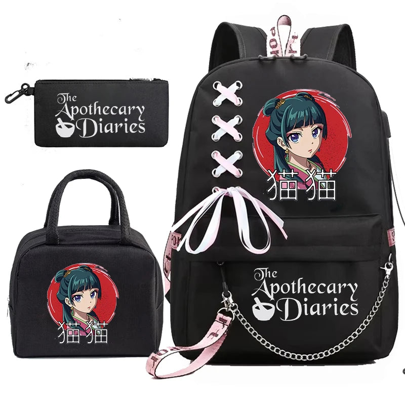 Mochila Escolar Mochila de Estudante Adolescente Bolsa Escolar Os Diários da Boticária Maomao Anime com Lancheiras Portáteis 3 Peças
