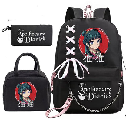 Mochila Escolar Mochila de Estudante Adolescente Bolsa Escolar Os Diários da Boticária Maomao Anime com Lancheiras Portáteis 3 Peças