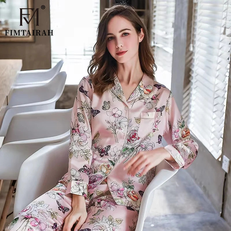 Fimtairah 6A 22MM  100% Mulberry Silk Pajamas Women Real Silk Pajama Sets Sleepwear Floral Printed Flower Long Sleeve Pyjamas