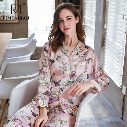 Fimtairah 6A 22MM  100% Mulberry Silk Pajamas Women Real Silk Pajama Sets Sleepwear Floral Printed Flower Long Sleeve Pyjamas