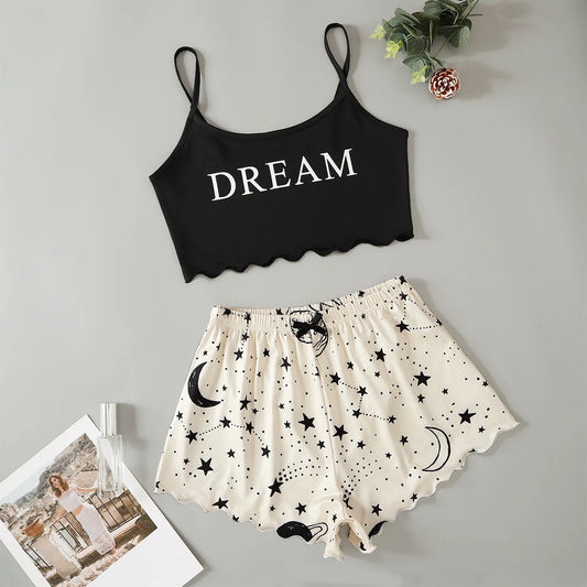 Women's Pajamas Set Sexy Lingerie Starry Sky Print Sling Sleepwear V-Neck Sleeveless Top and Shorts Sets Pyjamas Homewear