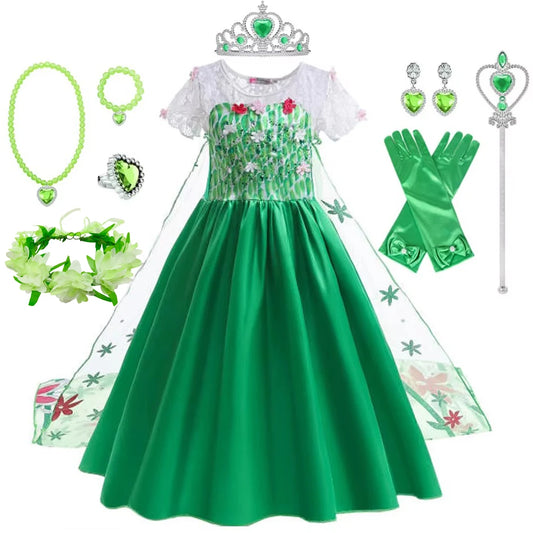 Elsa Costume for Girls Green Fancy Birthday Party Gown Kids Cosplay Princess Dress Carnival Party Children Dresses